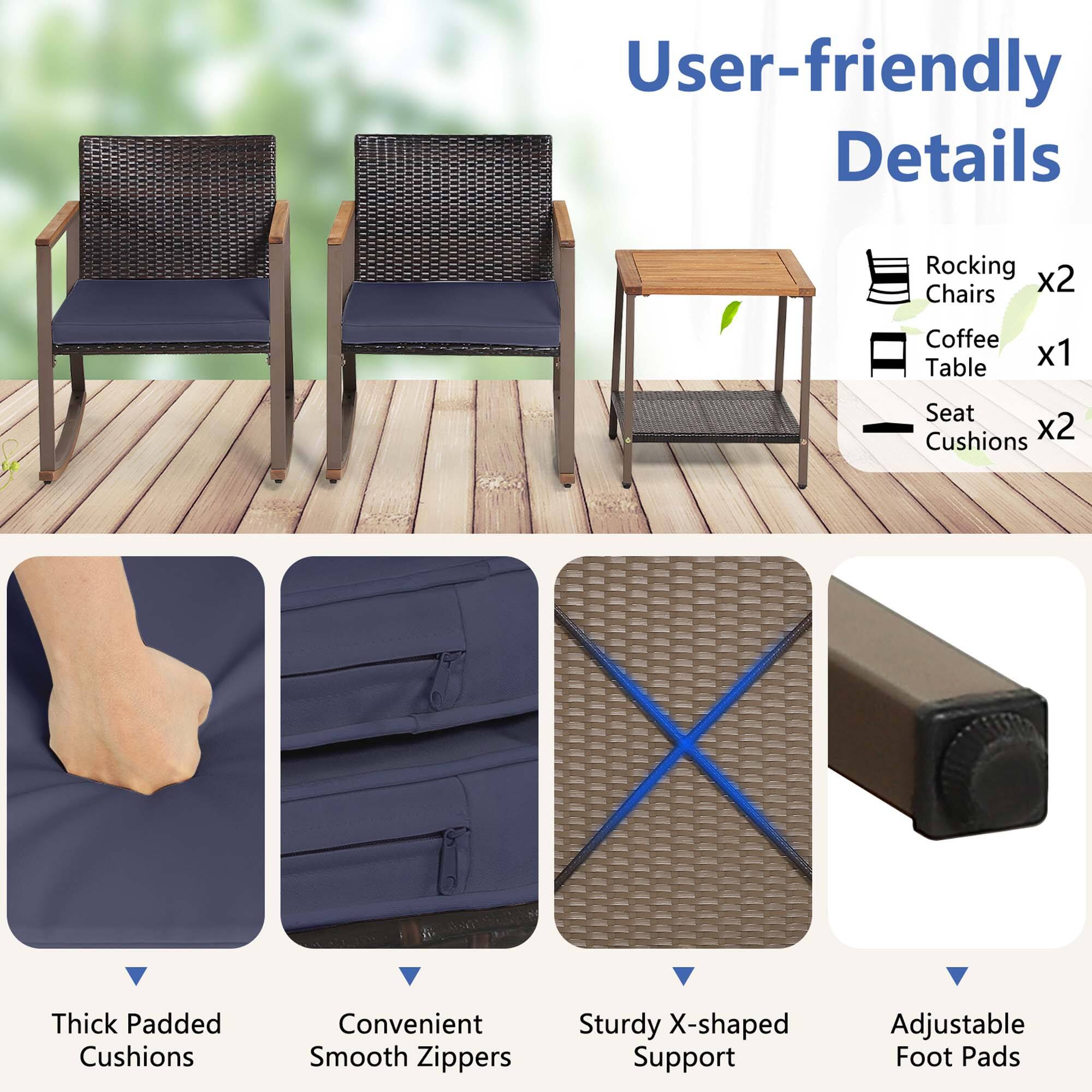 User-friendly Details:
- Rocking x2 Chairs
- Coffee Table x1 & Seat x2
- Cushions: Thick Padded Cushions
- Convenient: Smooth Zippers
- Sturdy: X-shaped Support
- Adjustable: Foot Pads