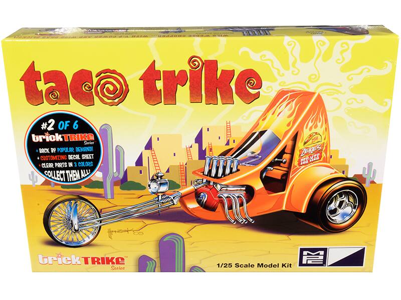 Sure, here is the corrected and grouped text from the image:

---

**Taco Trike**

**#2 of 6**

**Brick Trike Series**

- Back by popular demand!
- Customizing decal sheet
- Clear parts in 3 colors
- Collect them all!

**Brick Trike Series**

**1/25 Scale Model Kit**

---

**Taco Trike**

**Tex-Mex**

**1/25 Scale Model Kit**

---

**M2**