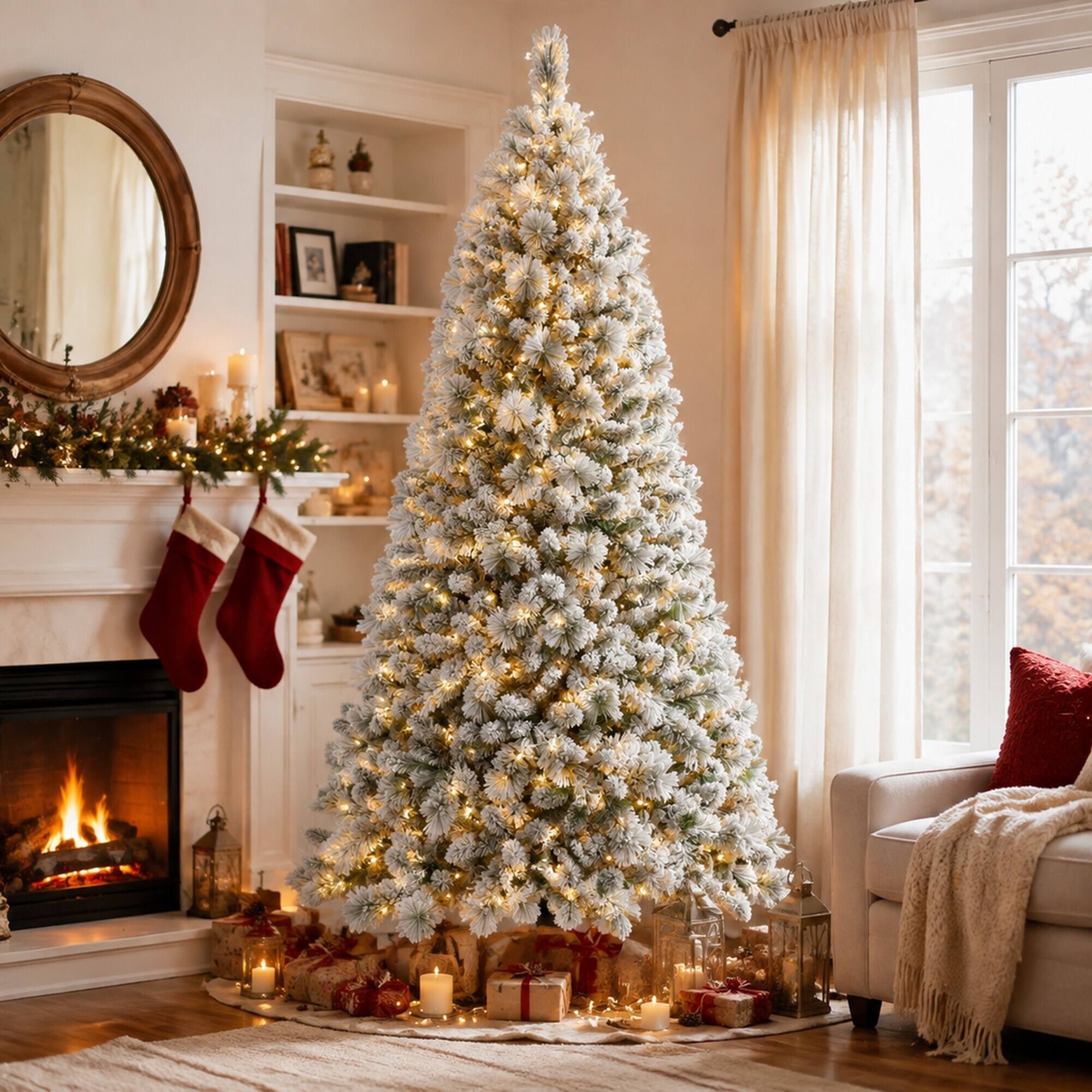 Angle. RYHNUYNE - 9FT Flocked Pre-Lit Christmas Tree, 750 Warm White LED Lights 1964 Tips PVC Hard Needle Hinged Design Sturdy Metal Stand - Green,White.