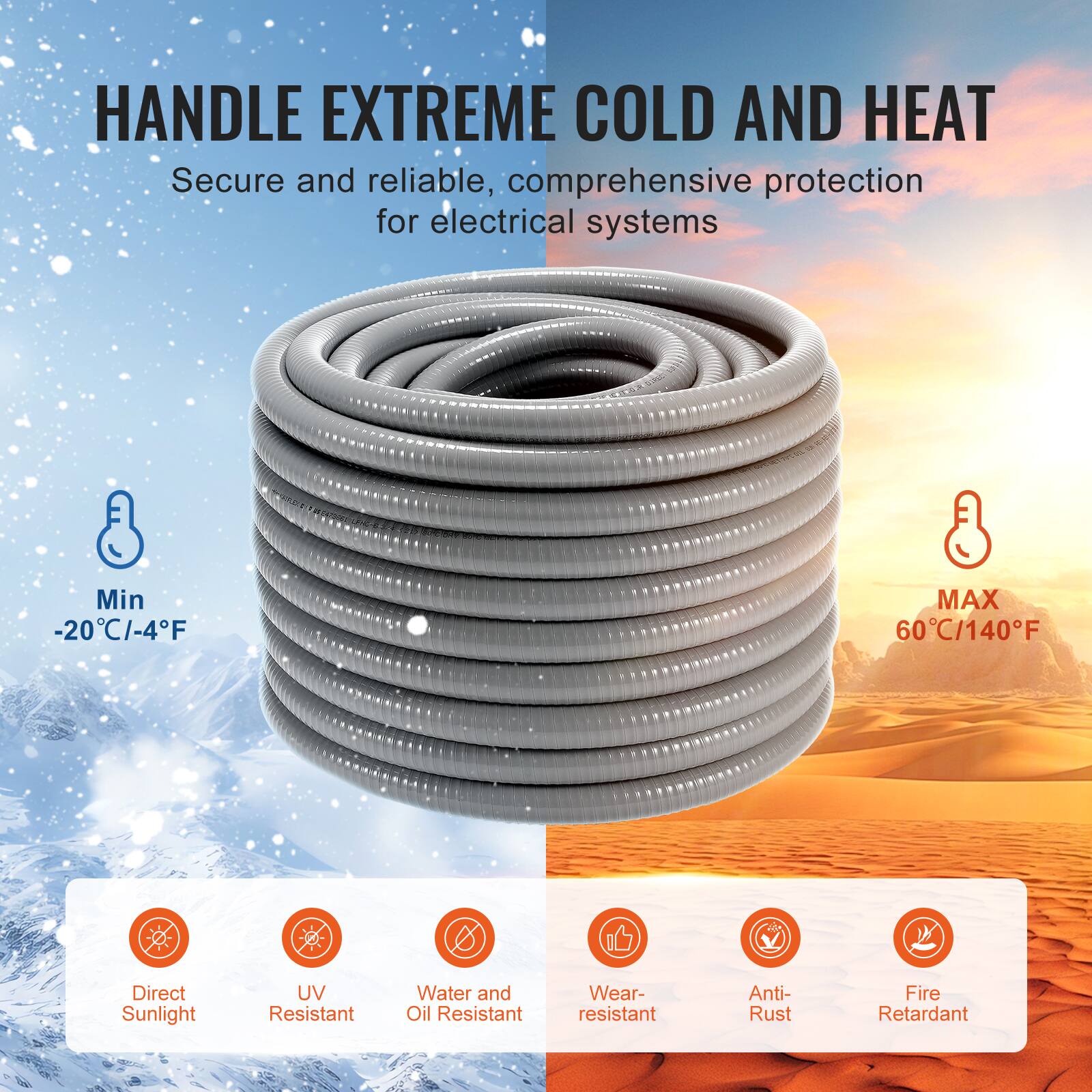 HANDLE EXTREME COLD AND HEAT

Secure and reliable, comprehensive protection for electrical systems

Min -20°C/-4°F

MAX 60°C/140°F

- Direct Sunlight
- UV Resistant
- Water and Oil Resistant
- Wear-resistant
- Anti-Rust
- Fire Retardant