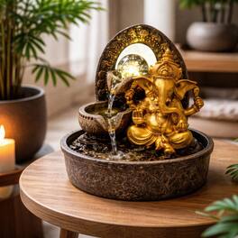 FC Design - 12"H Golden Color Ornate Ganesha Fountain - Carved Arch, Glowing Orb Cascading Bowls Design