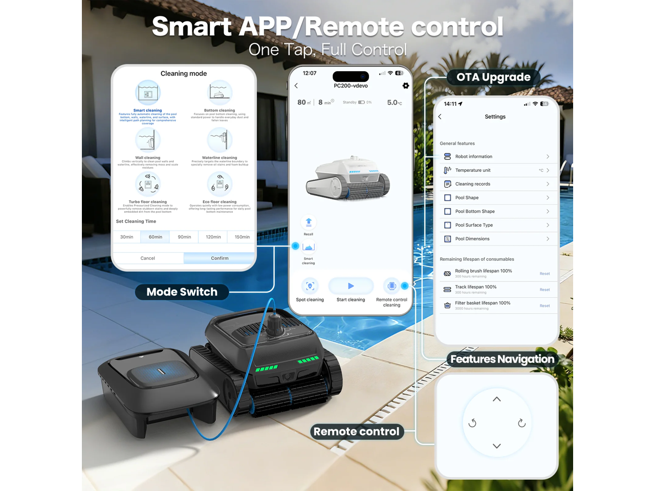 Smart APP/Remote control  
One Tap, Full Control  

Cleaning mode  
- Smart cleaning  
- Bottom cleaning  
- Wall cleaning  
- Waterline cleaning  
- Turbo floor cleaning  
- Eco floor cleaning  

Set Cleaning Time  
- 30min  
- 60min  
- 90min  
- 120min  
- 150min  

Remaining lifespan of consumables  
- Rolling brush lifespan 100% (200 hours remaining)  
- Track lifespan 100% (300 hours remaining)  
- Filter basket lifespan 100% (3000 hours remaining)  

OTA Upgrade  

Settings  
- General features  
  - Robot information  
  - Temperature unit  
  - Cleaning records  
  - Pool Shape  
  - Pool Bottom Shape  
  - Pool Surface Type  
  - Pool Dimensions  

Mode Switch  
- Spot cleaning  
- Start cleaning  
- Remote control cleaning  

Features Navigation  

Remote control