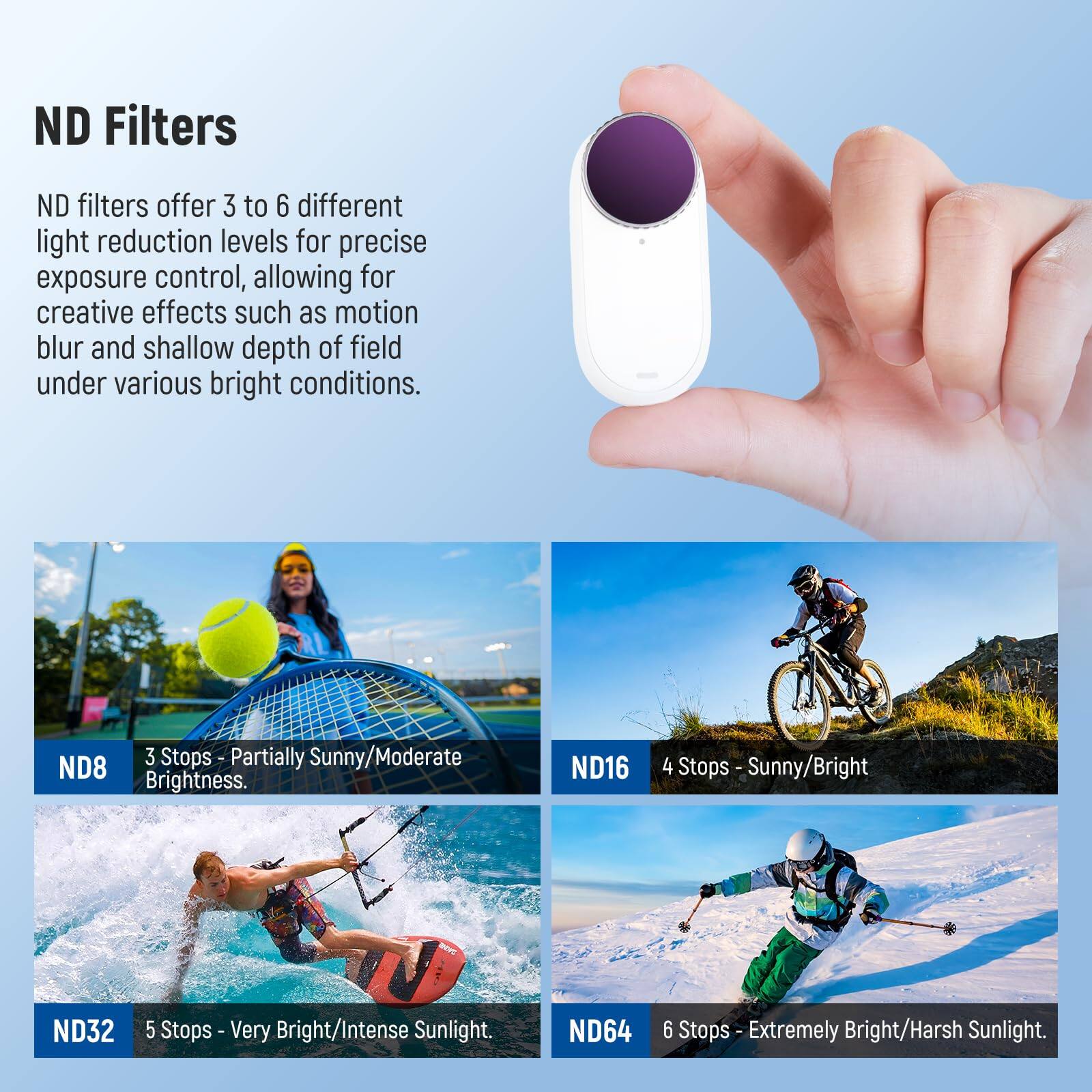 ND Filters

ND filters offer 3 to 6 different light reduction levels for precise exposure control, allowing for creative effects such as motion blur and shallow depth of field under various bright conditions.

- ND8: 3 Stops - Partially Sunny/Moderate Brightness.
- ND16: 4 Stops - Sunny/Bright
- ND32: 5 Stops - Very Bright/Intense Sunlight.
- ND64: 6 Stops - Extremely Bright/Harsh Sunlight.