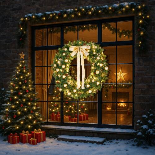 Alt View 9. Winado - 48in Pre-lit Christmas Wreath, Lighted Artificial Holiday Wreath with 150 Lights for In/Outdoor Xmas Party Decoration - Green/Golden.