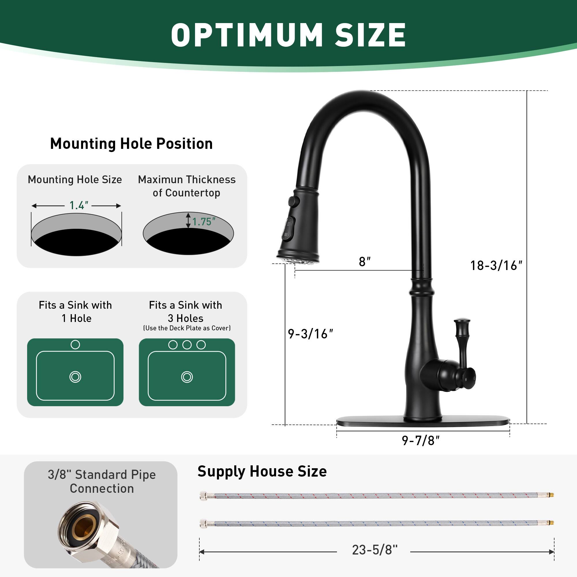 OPTIMUM SIZE

Mounting Hole Position

- Mounting Hole Size: 1.4"
- Maximum Thickness of Countertop: 1.75"

Fits a Sink with 1 Hole  
Fits a Sink with 3 Holes  
[Use the Deck Plate as Cover]

- 8"
- 18-3/16"
- 9-3/16"
- 9-7/8"

3/8" Standard Pipe Connection

Supply House Size: 23-5/8"