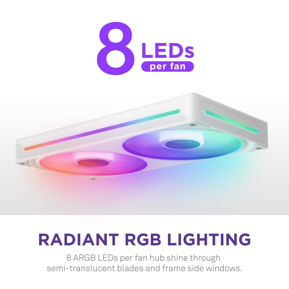 Radiant RGB Lighting: 8 ARGB LEDs per fan hub shine through semi-translucent blades and frame side windows.