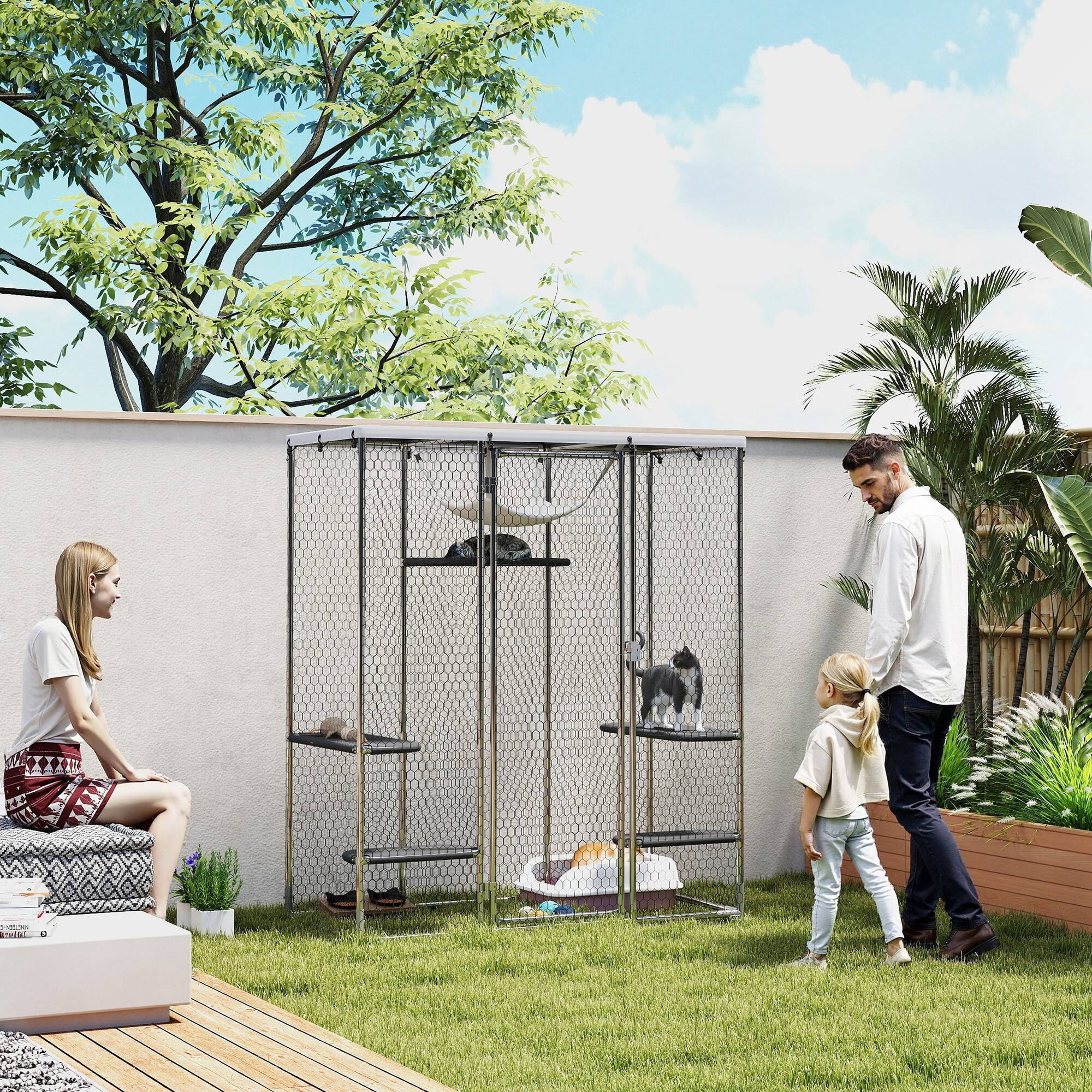 Alt View 1. Pawhut - Outdoor Cat Enclosure, Galvanized Steel Walk-in Cat Cage with Waterproof Cover - Silver.