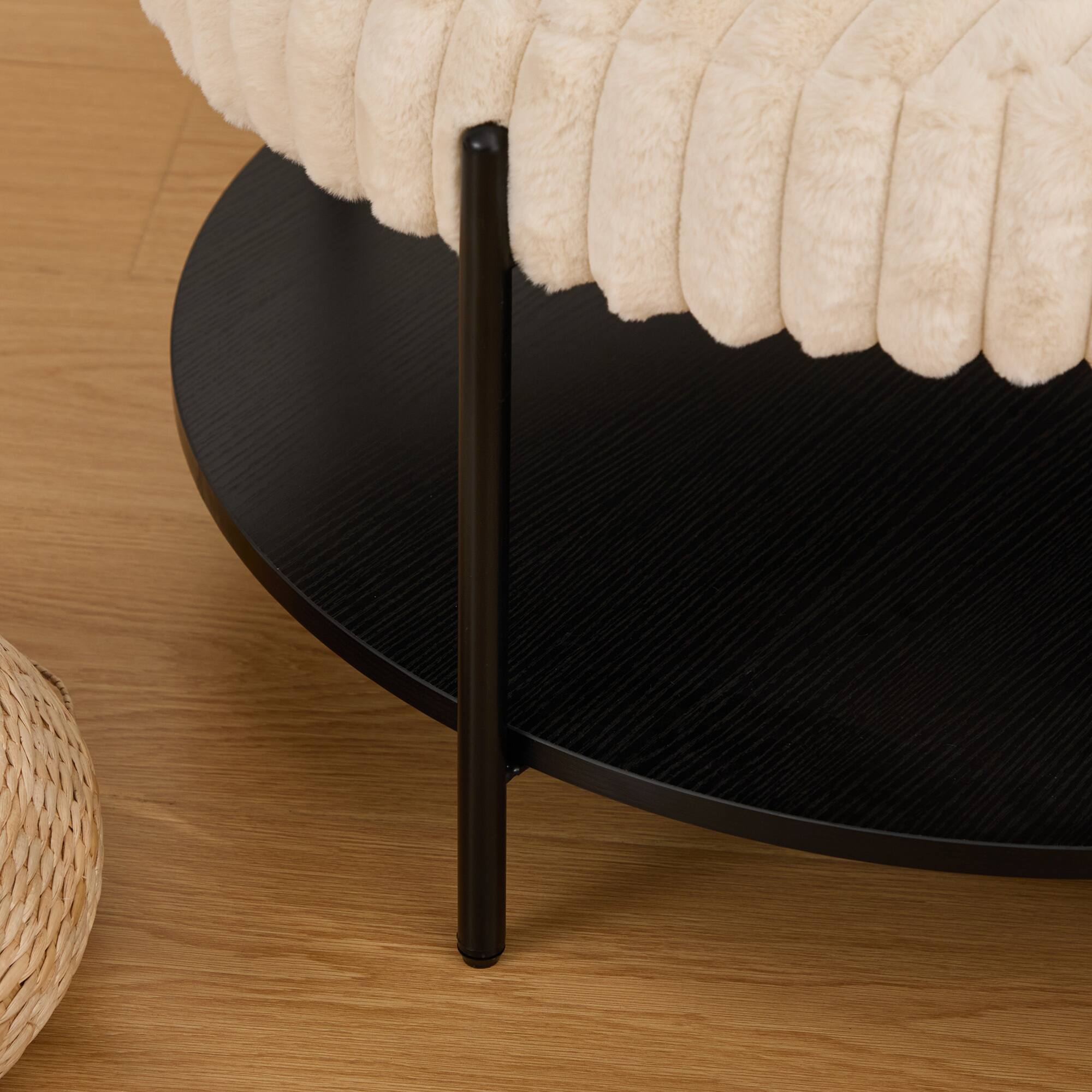 Alt View 5. GOODSILO - Upholstered Round Ottoman Coffee Table with Metal Legs and Open Storage Shelf - Beige.