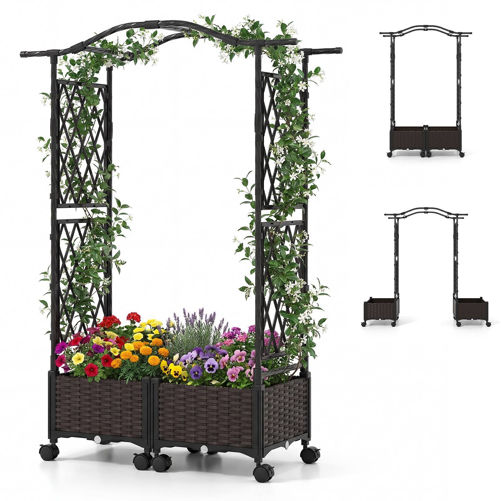 Alt View 9. Gymax - Gymax 2PCS 5 FT Self-Watering Planter Boxes w/Lattice Trellis & Roof Lockable Wheels - Brown.