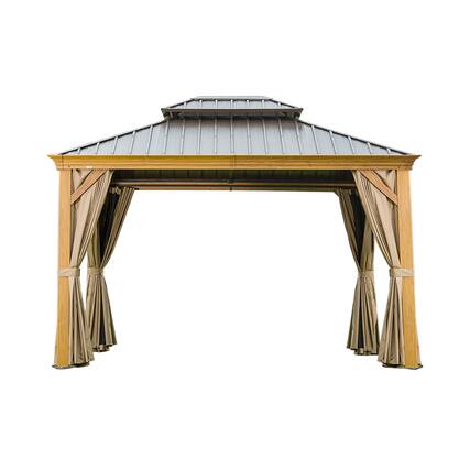 Front. Mondawe - 10' X 14' Hardtop Gazebo with Wood Grain Aluminum Frame - Wood.