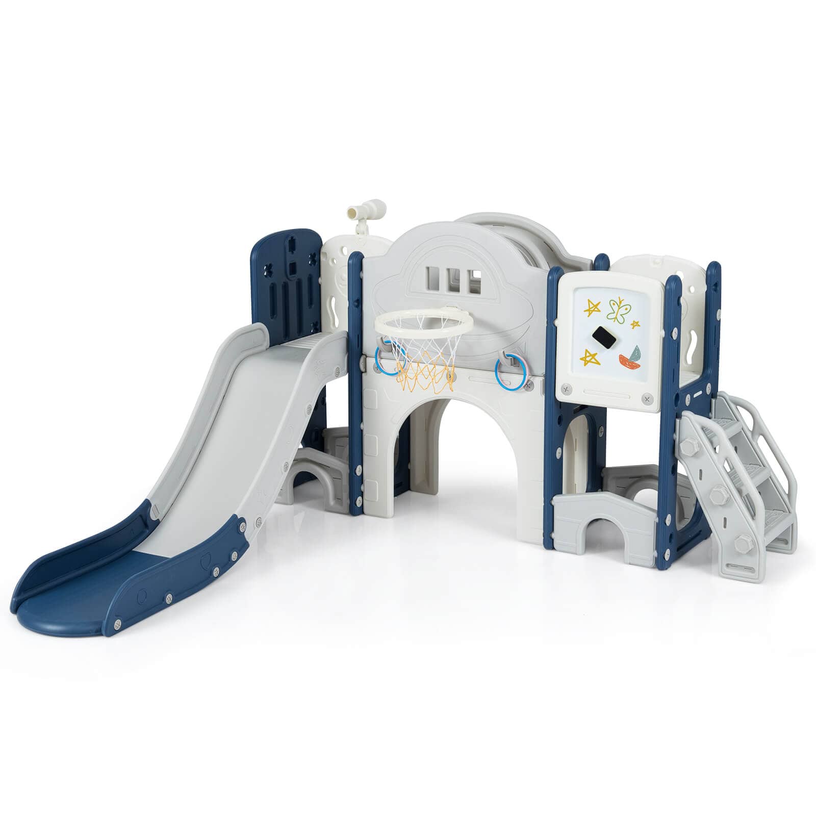 Costway - 10 in 1 Toddler Slide Set with Magnetic Whiteboard, Telescope Ring Toss for Ages 3+ - Gray,Blue