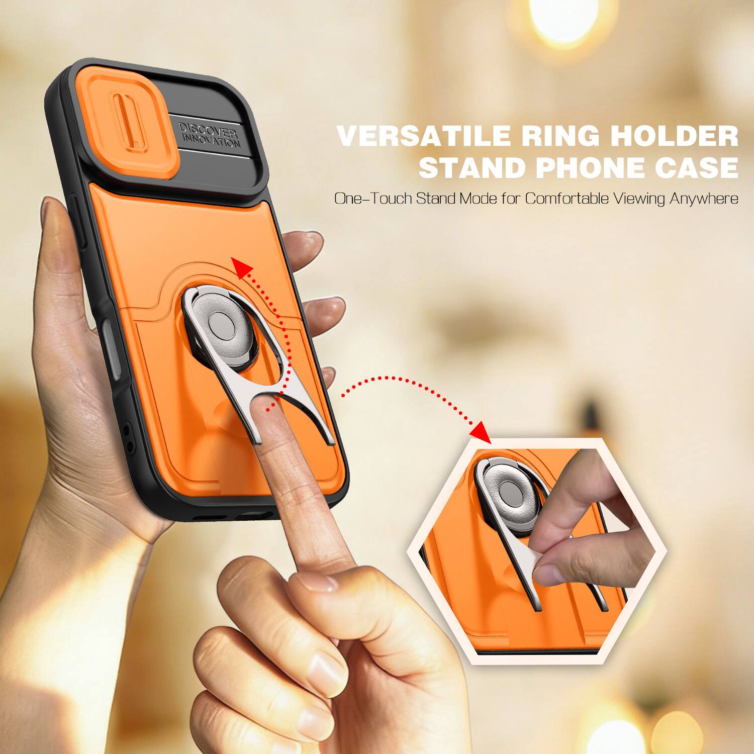 1 DISCOVER INNOVATION INNOVATION ATON SA VERSATILE RING HOLDER STAND PHONE CASE One-Touch Stand Mode for Comfortable Viewing Anywhere