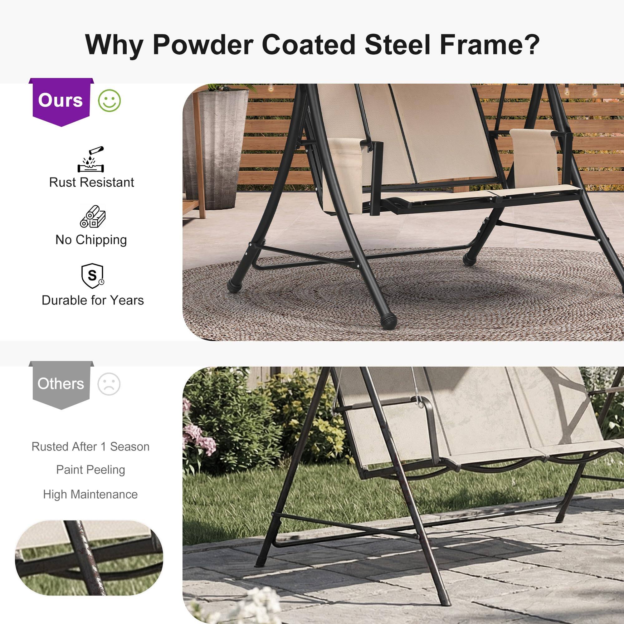 Why Powder Coated Steel Frame?  
Ours:  
- Rust Resistant  
- No Chipping  
- Durable for Years  

Others:  
- Rusted After 1 Season  
- Paint Peeling  
- High Maintenance