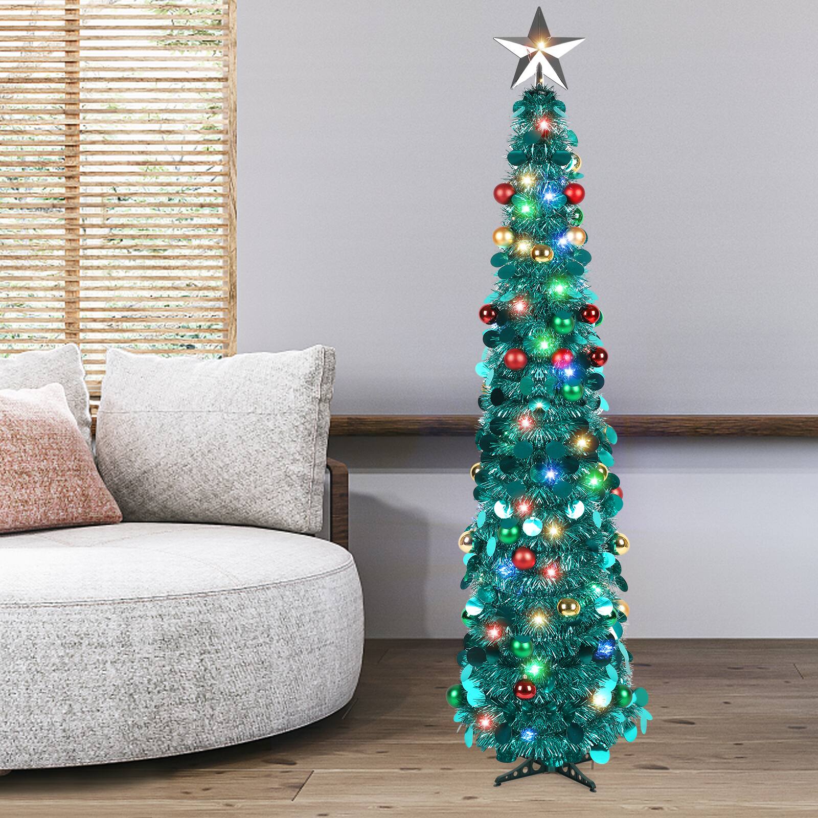 Alt View 1. Oumilen - 5FT Pop‑Up Tinsel Christmas Tree – Pre‑Lit 4‑Color LED Pencil Tree with Star Topper & Ornament Balls - Green.