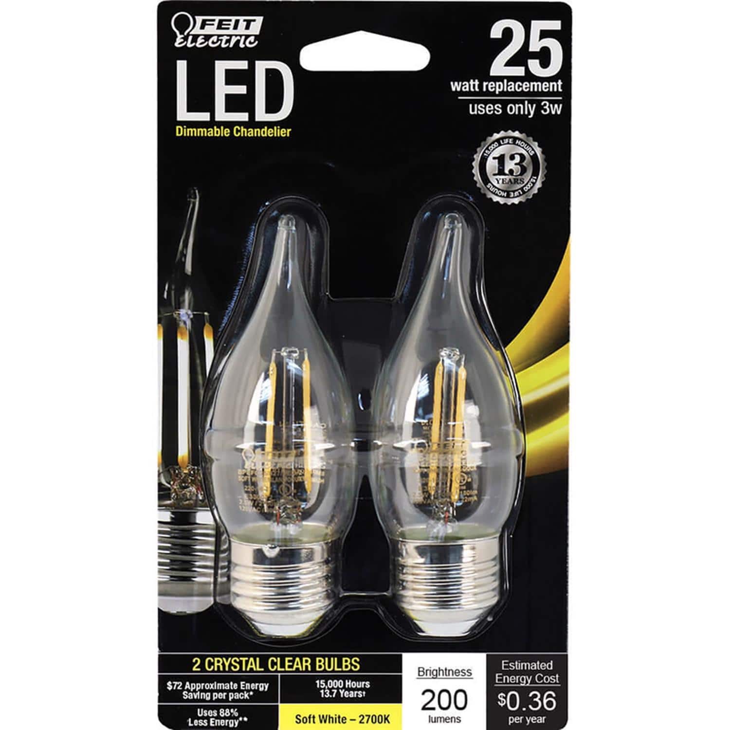 FEIT ELECTRIC - Feit CA10 (Flame Tip) E26 (Medium) LED Bulb Soft White 25 Watt Equivalence 2 pk price history on PriceWatchPro