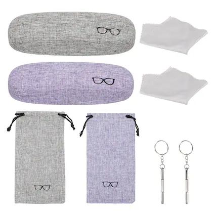 Front. Unique Bargains - 1 Set Hard Shell Glasses Case Kit, Linen Fabric Sunglass Organizer w/ Storage Bag & Soft Cloth for Women/Men - Gray, Purple.