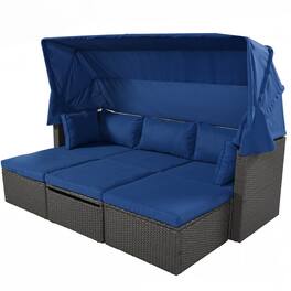Mondawe - Outdoor Wicker Rectangle Daybed with Retractable Canopy and Washable Cushions - Blue