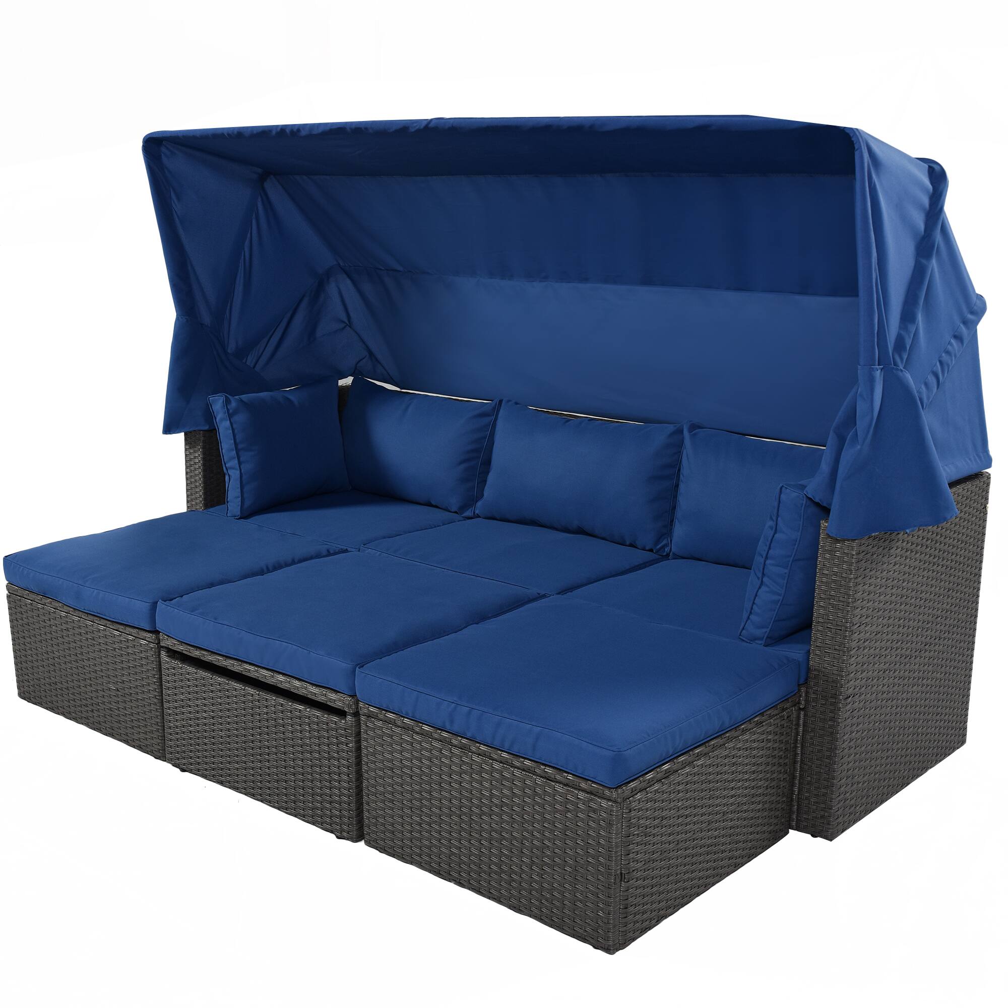 Back. Siljoy - Rattan Daybed with Retractable Canopy, Outdoor Sectional Sofa with Washable Cushions - Blue.