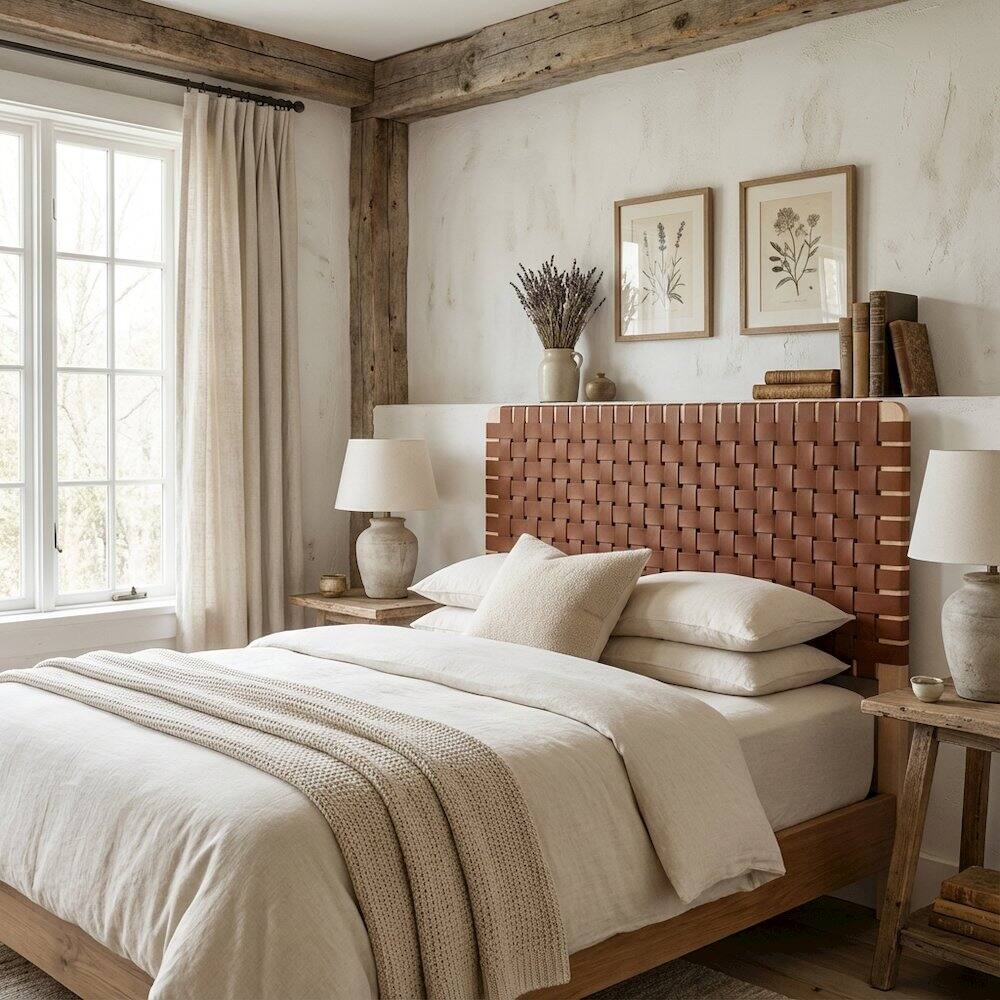 Angle. FurniFact - Vegan Leather Twin Headboard with Woven Texture and Sturdy Frame - Brown.