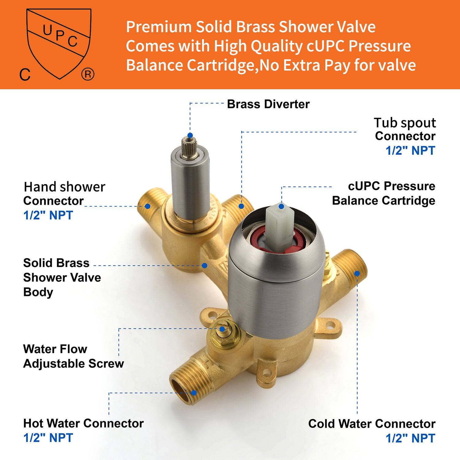 Premium Solid Brass Shower Valve  
Comes with High Quality cUPC Pressure Balance Cartridge, No Extra Pay for valve  

- Solid Brass Shower Valve Body  
- Water Flow Adjustable Screw  
- Hot Water Connector 1/2" NPT  
- Cold Water Connector 1/2" NPT  
- Hand shower Connector 1/2" NPT  
- Tub spout Connector 1/2" NPT  
- Brass Diverter  
- cUPC Pressure Balance Cartridge