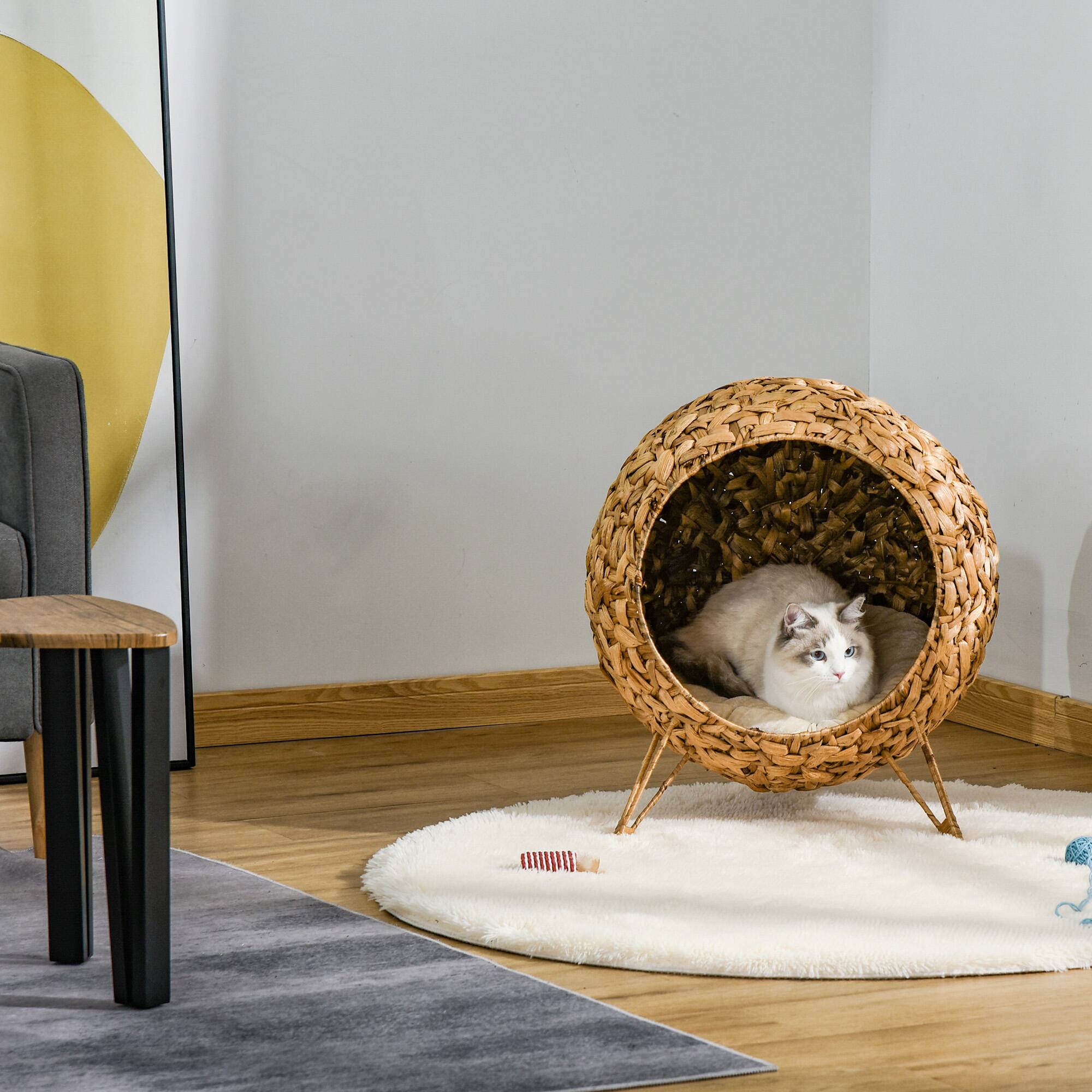Alt View 6. Pawhut - Weaved Cat Bed - Natural Wood.