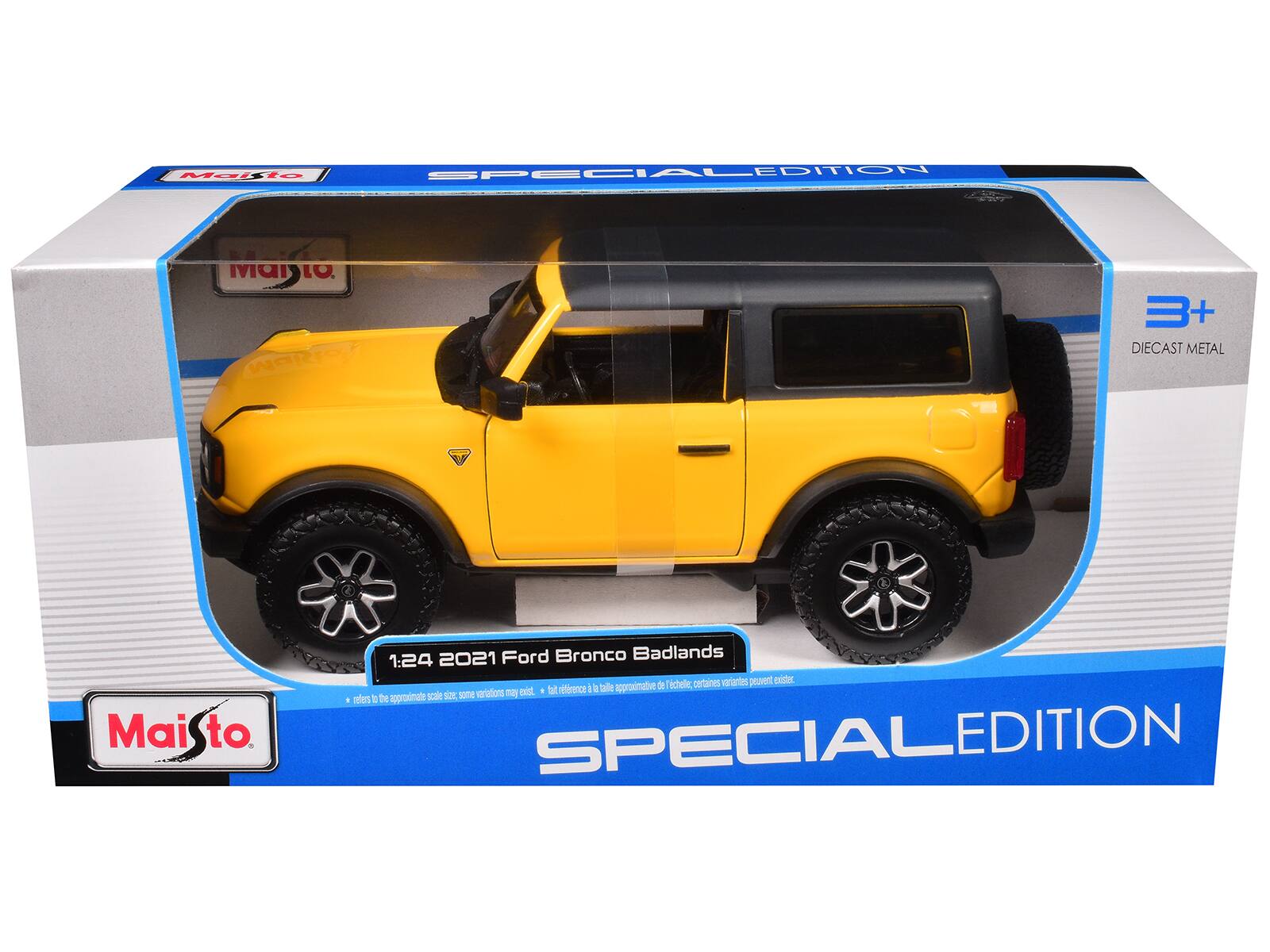 Maisto  
SPECIAL EDITION  
1:24  
2021 Ford Bronco Badlands  
3+  
DIECAST METAL  
*refers to the approximate scale size; some variations may exist.  
*fait référence à la taille approximative de 1:24; certaines variantes peuvent exister.