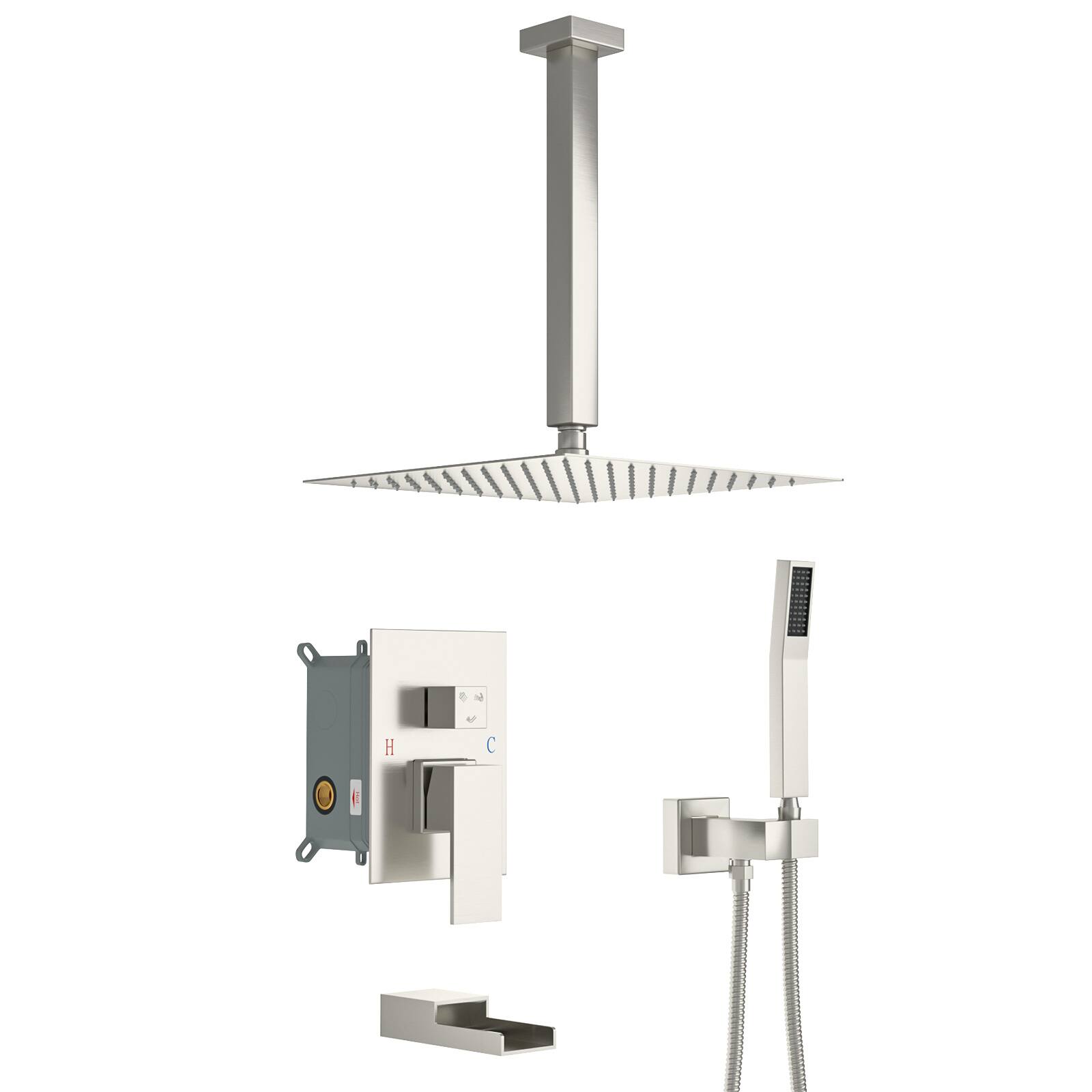 Front. Lordear - Shower System with Waterfall Tub Spout,12 Inch Ceiling Mount Square Shower System with Rough-in Valve,Brushed Nickel - Brushed Nickel.