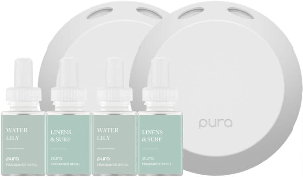 Pura - 4 Smart Fragrance Device Starter Set, Scent Diffuser for Home, Includes 2 Fragrance Aroma Diffuser & 4 Refills - Water Lily & Linens & Surf price history on PriceWatchPro