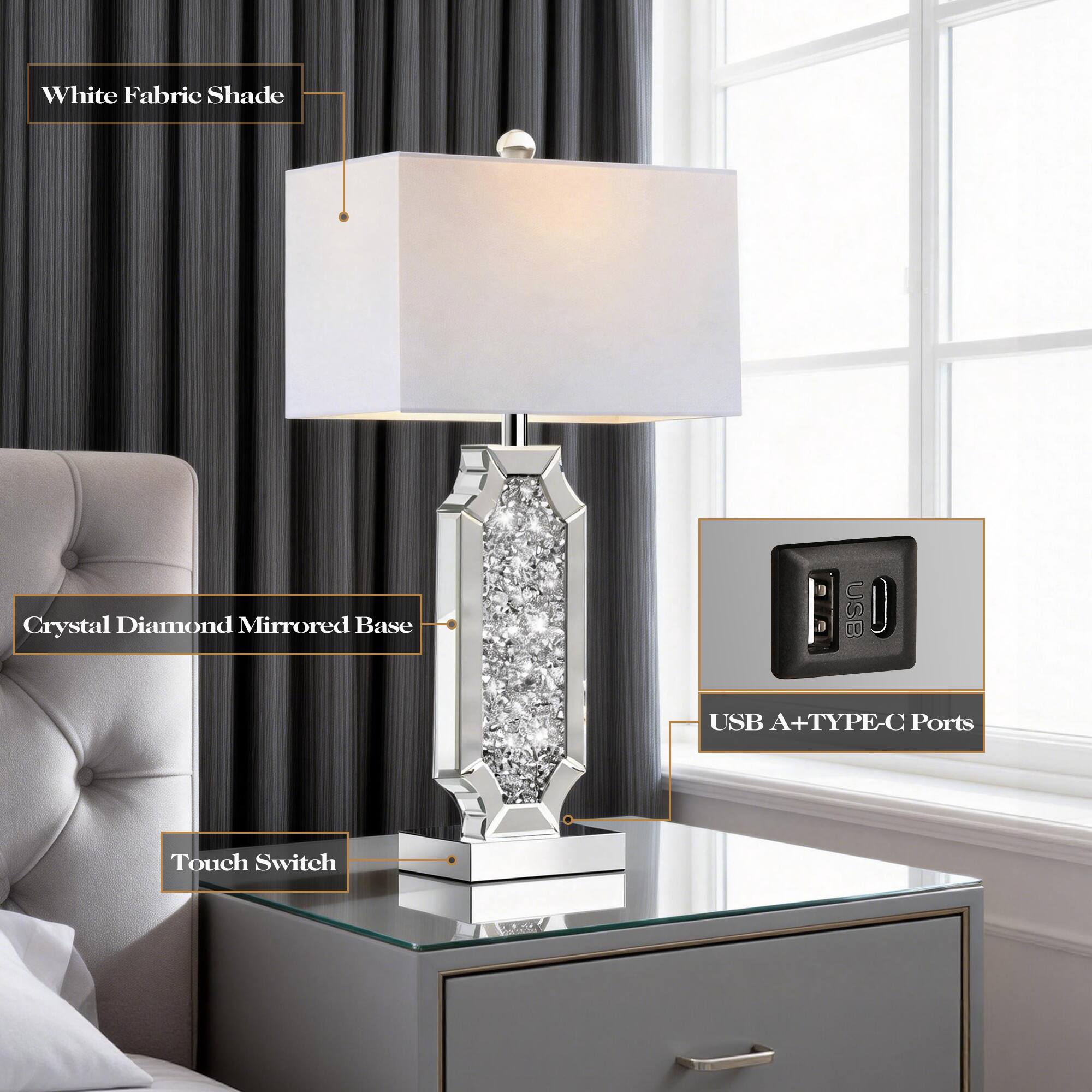 White Fabric Shade  
Crystal Diamond Mirrored Base  
USB A+TYPE-C Ports  
Touch Switch