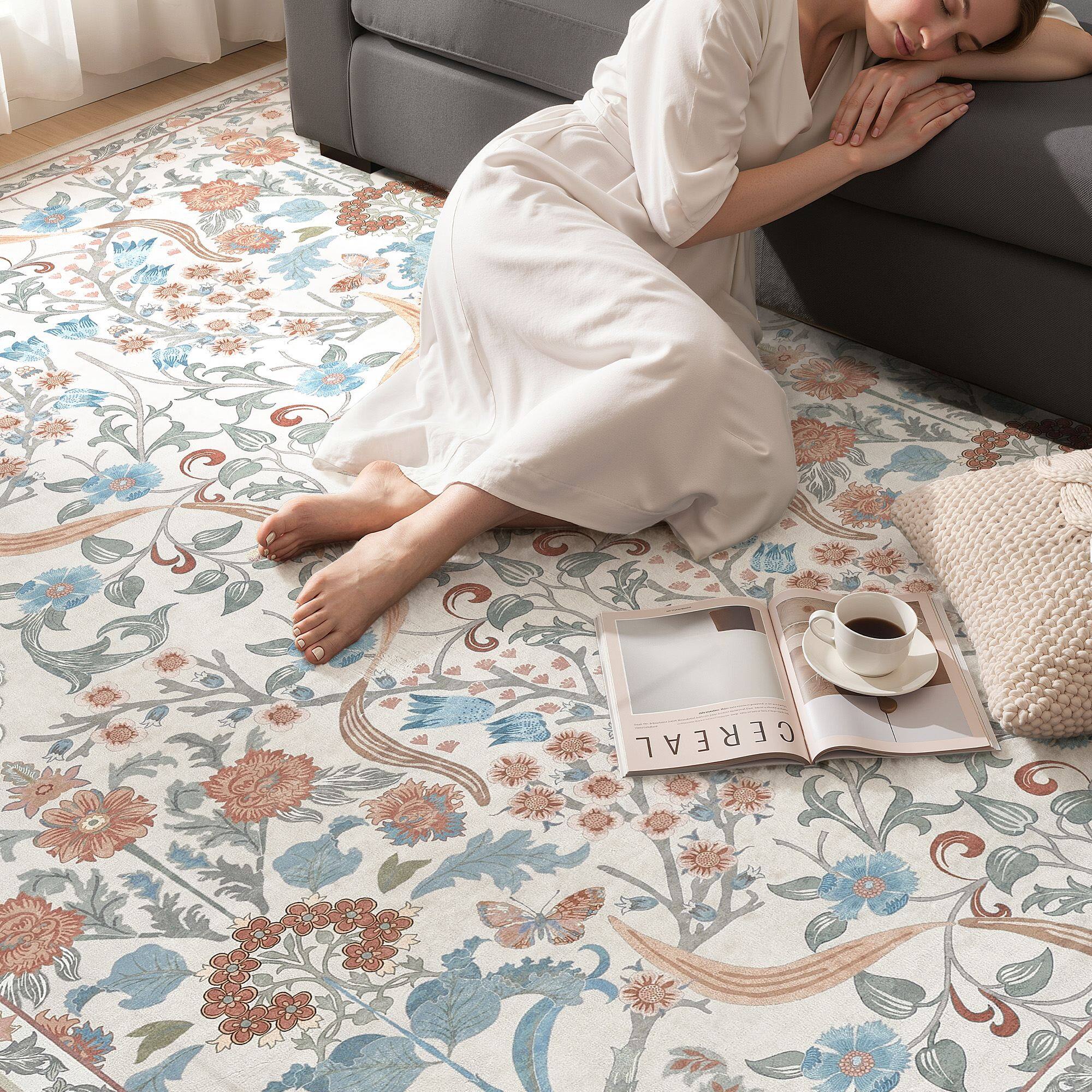 Alt View 2. Yardgrace - 6' x 9' ft Farmhouse Floral Area Rug Washable with Non-Slip for Playroom Living Room Bedroom - Beige.