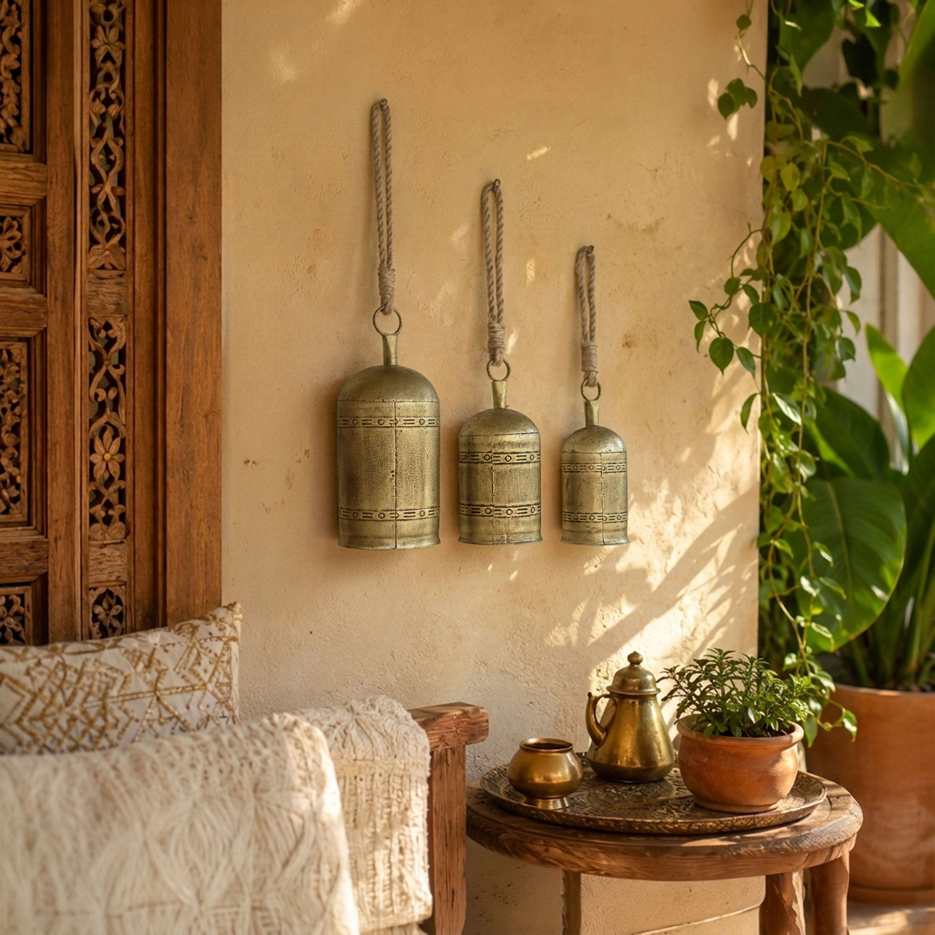 Alt View 9. Manhattan Lane - 3 Piece Cowbell Set, Etched Antique Iron with Jute Rope, Organic Decor - Antique Gold, Natural Brown.