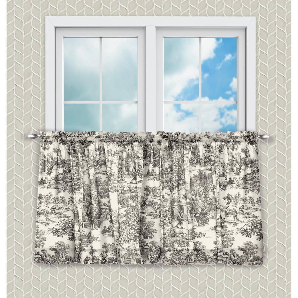 Angle. Ellis Curtain - Ellis Curtain Victoria Park Toile Room Darkening Window Rod Pocket Pair Set With 2 Tiers - 2-Piece - 68x63" Black - Black.
