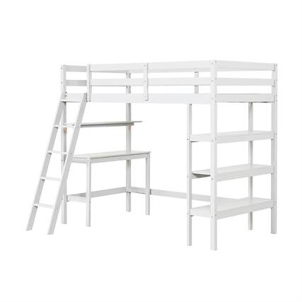 Front. Pefilos - Loft Bed Twin Size, Solid Wood Loft Bed with Desk and Bookshelves, Modern Wooden Bed Frame for Teens, White - White.