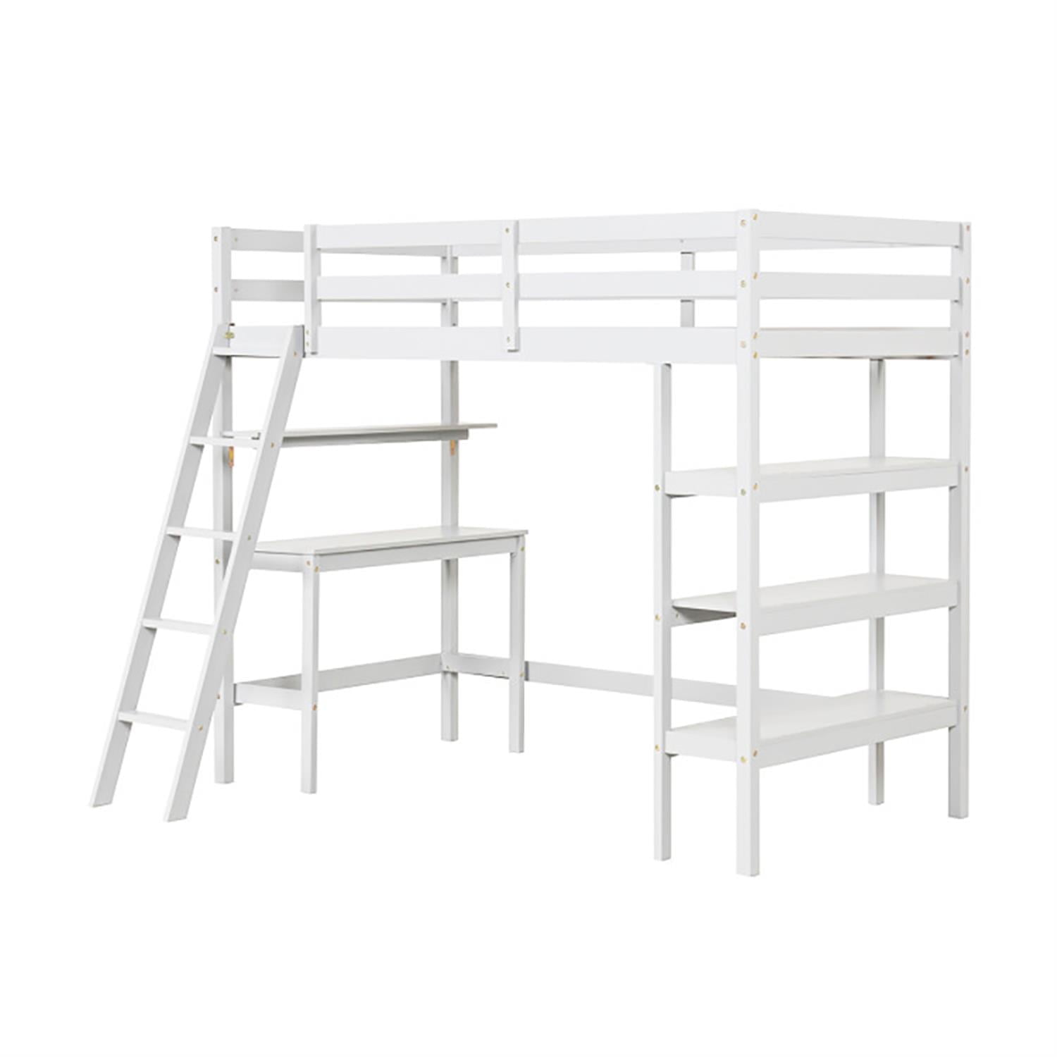 Front. Pefilos - Loft Bed Twin Size, Solid Wood Loft Bed with Desk and Bookshelves, Modern Wooden Bed Frame for Teens, White - White.