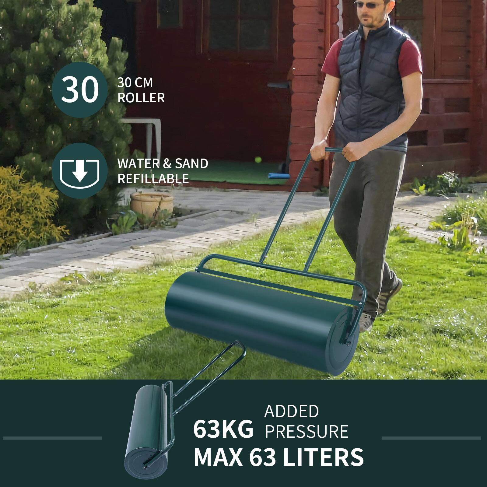 30 CM ROLLER, WATER & SAND REFILLABLE, ADDED 63KG PRESSURE, MAX 63 LITERS