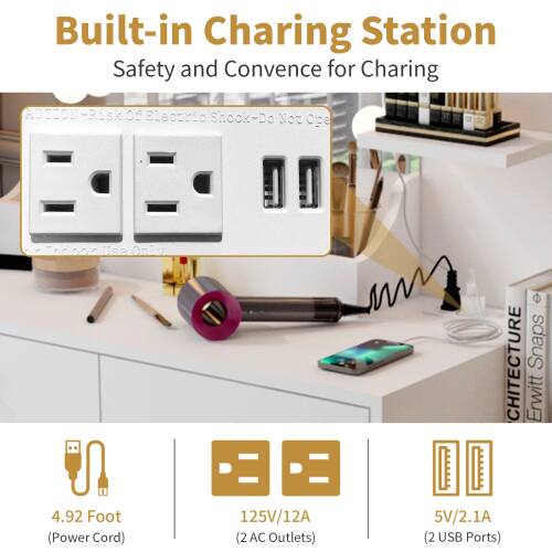 Built-in Charging Station  
Safety and Convenience for Charging  

**CAUTION - Risk of Electric Shock - Do Not Open**  

**Specifications:**  
- 4.92 Foot (Power Cord)  
- 125V/12A (2 AC Outlets)  
- 5V/2.1A (2 USB Ports)  

**CHITECTURE Snaps**