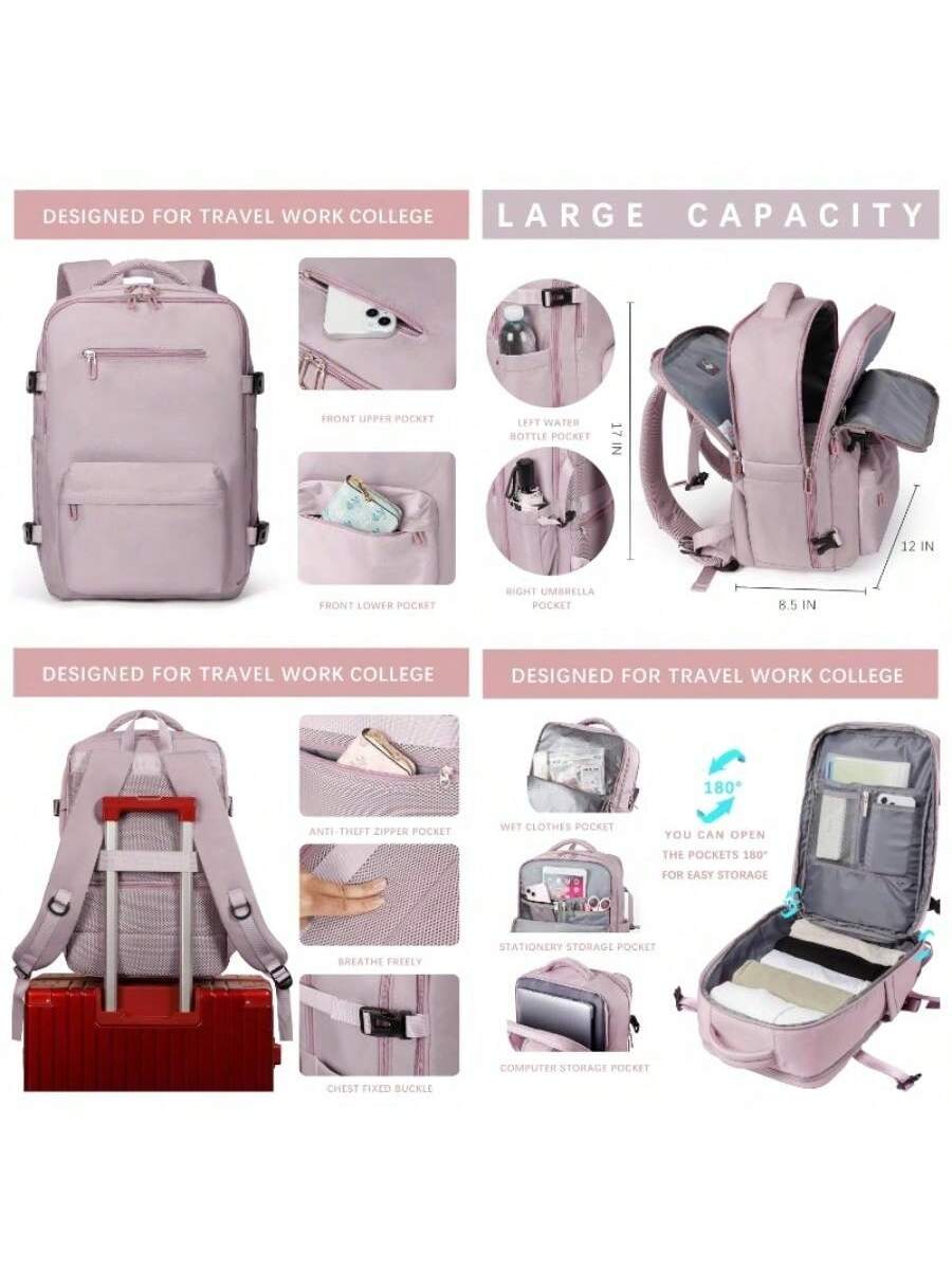 DESIGNED FOR TRAVEL WORK COLLEGE

LARGE CAPACITY

- FRONT UPPER POCKET
- LEFT WATER BOTTLE POCKET
- FRONT LOWER POCKET
- RIGHT UMBRELLA POCKET
- 17 IN
- 12 IN
- 8.5 IN

DESIGNED FOR TRAVEL WORK COLLEGE

- ANTI-THEFT ZIPPER POCKET
- WET CLOTHES POCKET
- BREATHE FREELY
- STATIONERY STORAGE POCKET
- COMPUTER STORAGE POCKET
- CHEST FIXED BUCKLE

DESIGNED FOR TRAVEL WORK COLLEGE

- THE POCKETS 180° FOR EASY STORAGE