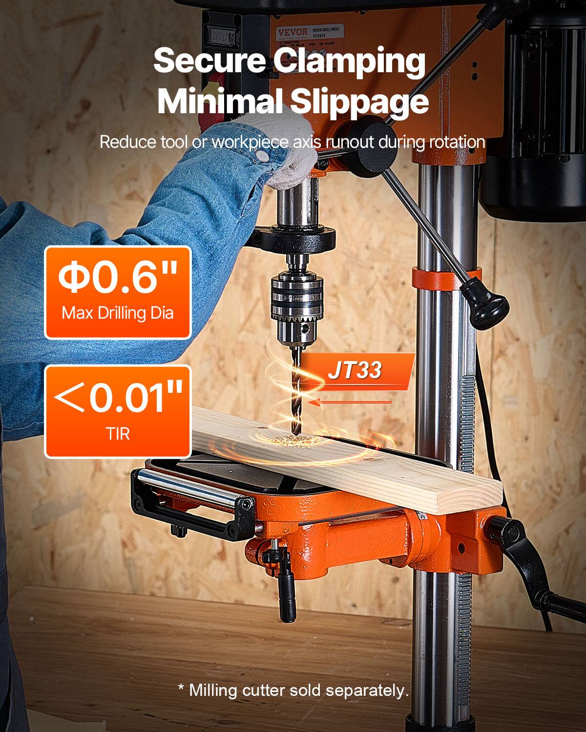 D se01 PR VEVOR VARE 8888 Secure Clamping Minimal Slippage Reduce tool or workpiece axis runout during rotation .6" Max Drilling Dia <0.01" TIR JT33 * Milling cutter sold separately.