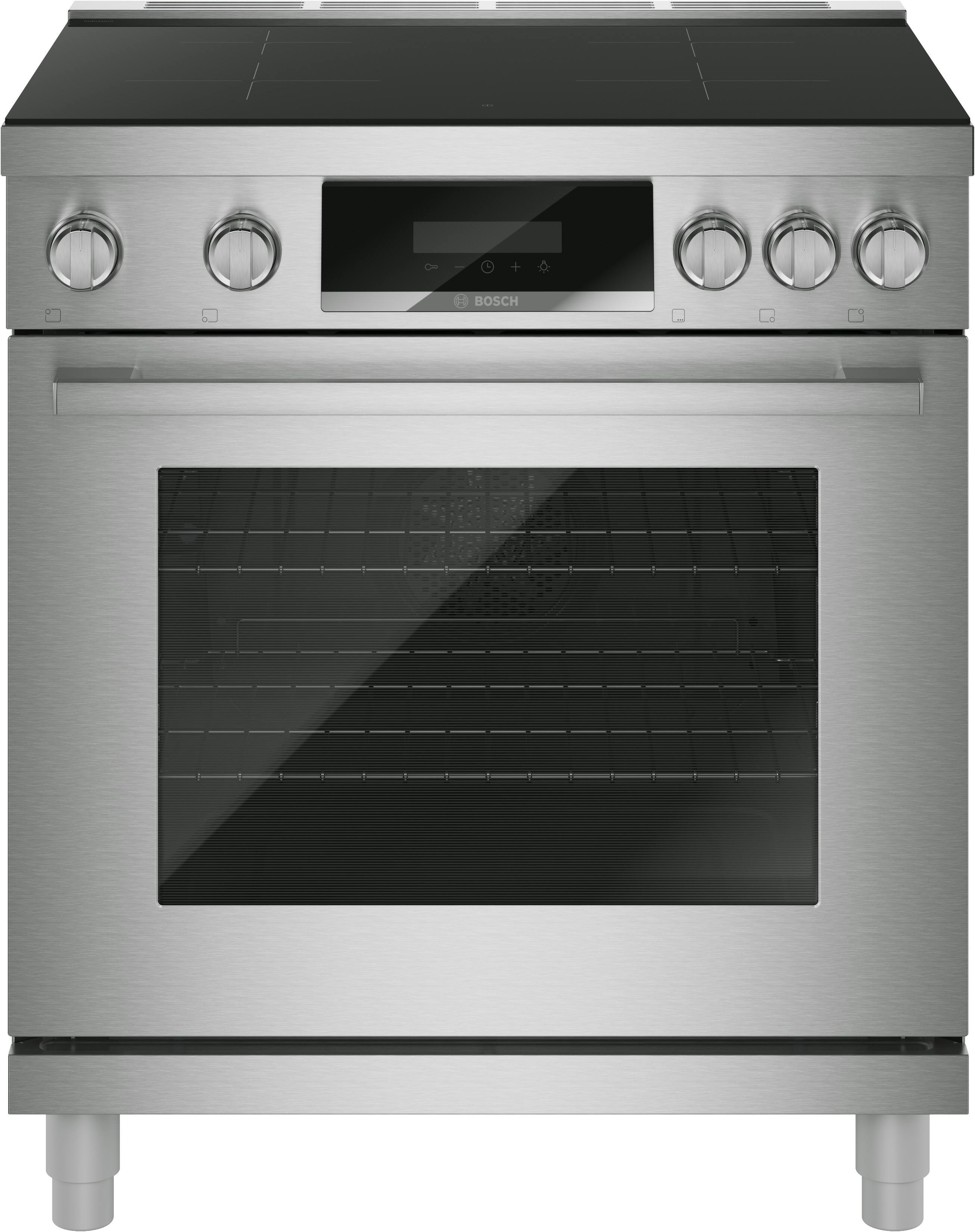 Front. Bosch - 800 Series 30 in. Wide 4.7 Cu. Ft. Industrial Style Convection Electric Induction Range with 4 Elements - Stainless Steel.