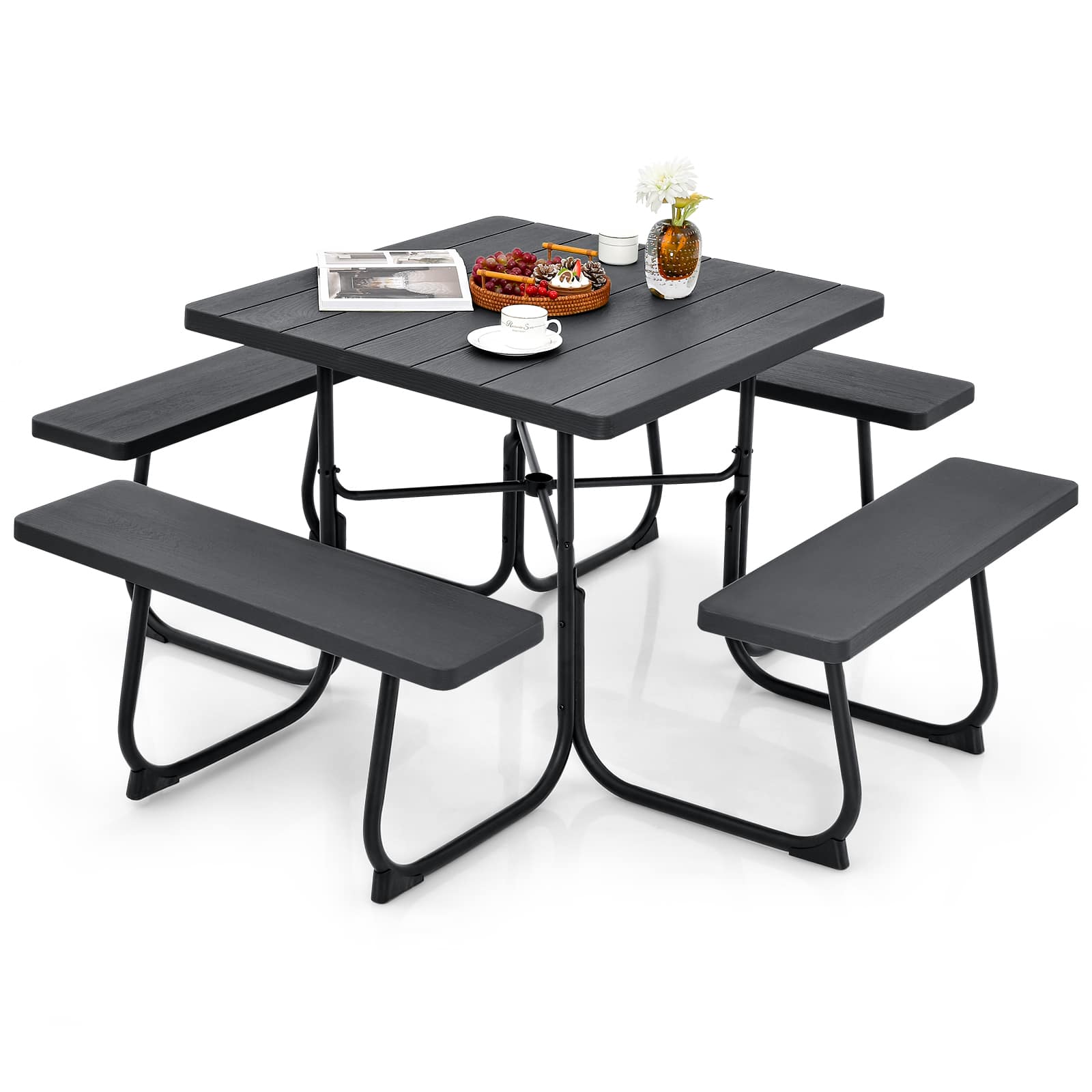 Gymax - Outdoor Picnic Table 8-person Square Picnic Table Bench Set w/ 4 Benches & Umbrella Hole - Black