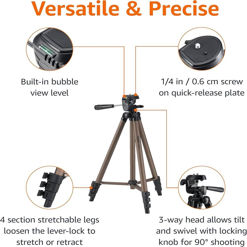 Versatile & Precise

- Built-in bubble view level
- 1/4 in / 0.6 cm screw on quick-release plate
- 4 section stretchable legs loosen the lever-lock to stretch or retract
- 3-way head allows tilt and swivel with locking knob for 90° shooting