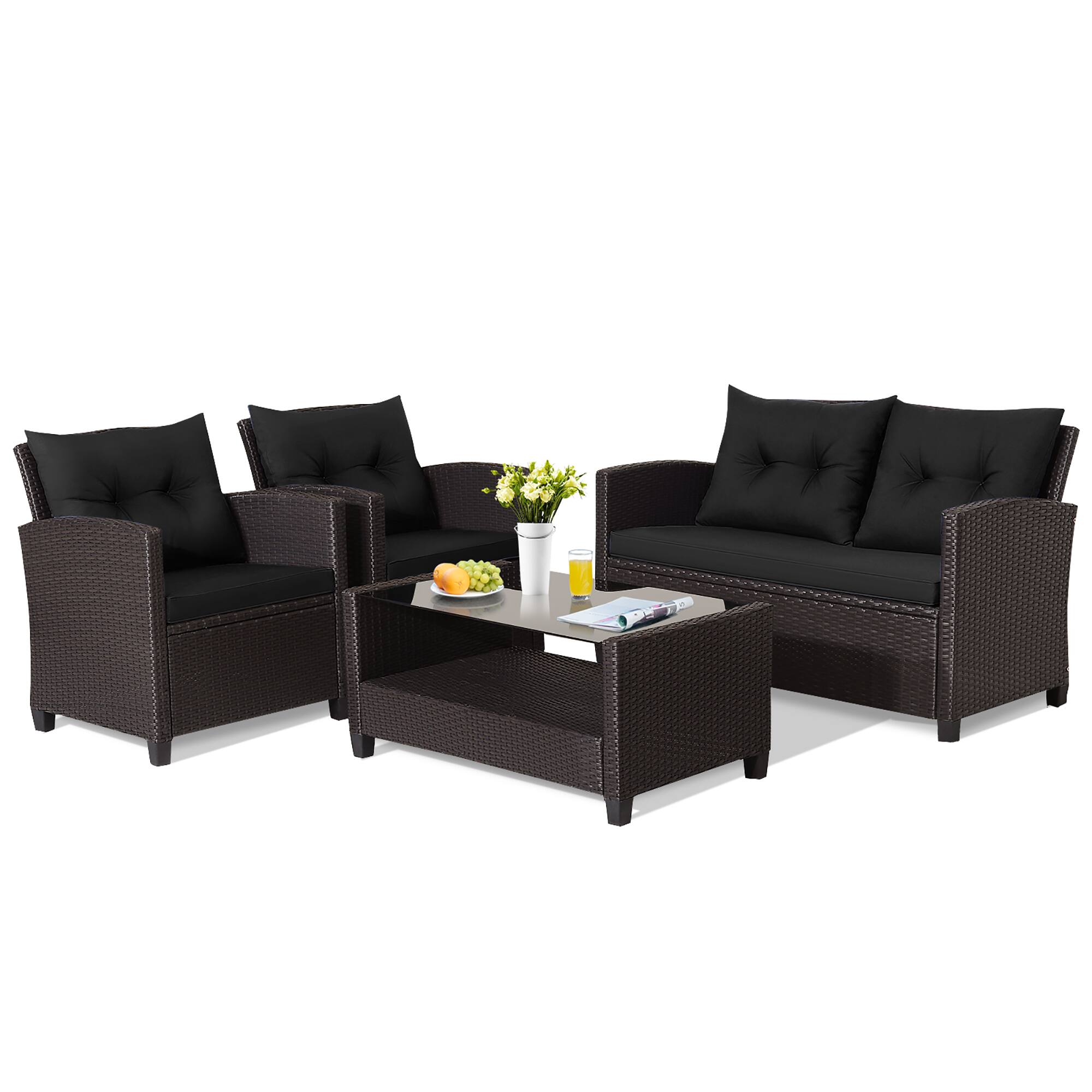 Alt View 9. Gymax - Gymax 8PCS Outdoor Conversation Set Patio PE Rattan Set w/ Glass Table & Sofa Cushions Black - Black.