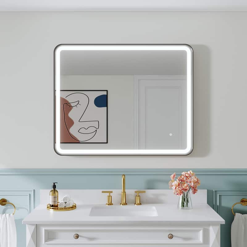 "WELLFOR - 40"" x 32""Anti-Fog LED Bathroom Mirror, Wall Bathroom Vanity Mirror with Framed Round Corner - Matte Black" price history on PriceWatchPro
