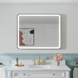WELLFOR - 40 in. W x 32 in. H Anti-Fog LED Bathroom Mirror, Wall Bathroom Vanity Mirror with Framed Round Corner - Matte Black