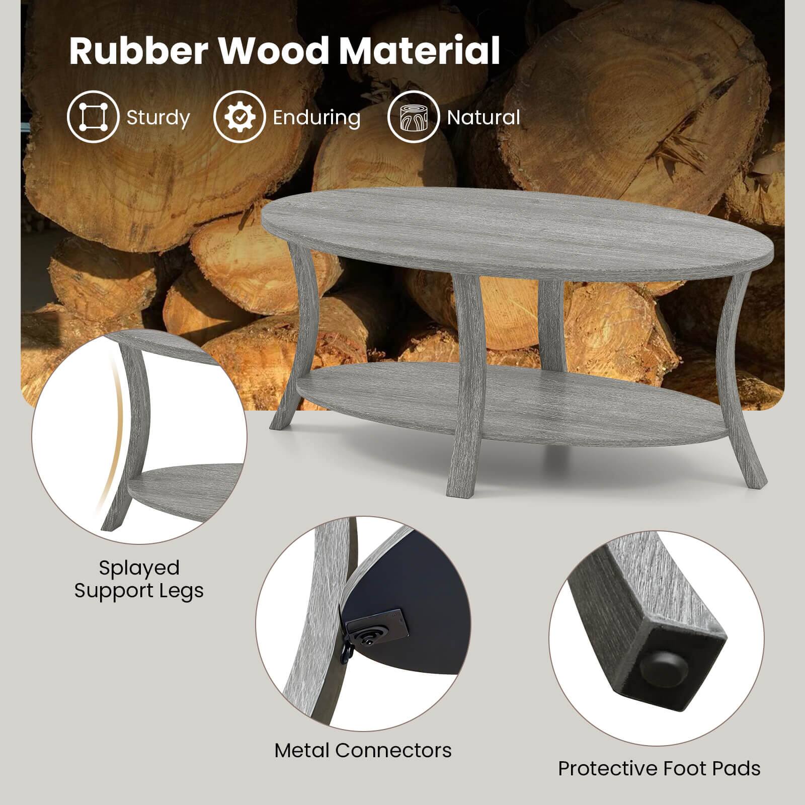 Rubber Wood Material  
Sturdy  
Enduring  
Natural  

Splayed Support Legs  
Metal Connectors  
Protective Foot Pads