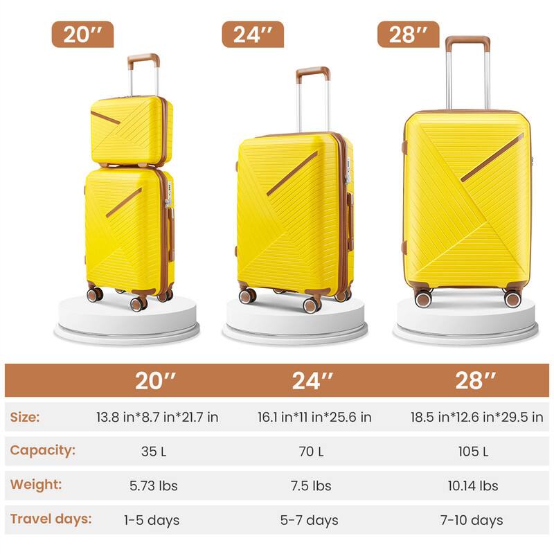 20"  
Size: 13.8 in*8.7 in*21.7 in  
Capacity: 35 L  
Weight: 5.73 lbs  
Travel days: 1-5 days  

24"  
Size: 16.1 in*11 in*25.6 in  
Capacity: 70 L  
Weight: 7.5 lbs  
Travel days: 5-7 days  

28"  
Size: 18.5 in*12.6 in*29.5 in  
Capacity: 105 L  
Weight: 10.14 lbs  
Travel days: 7-10 days