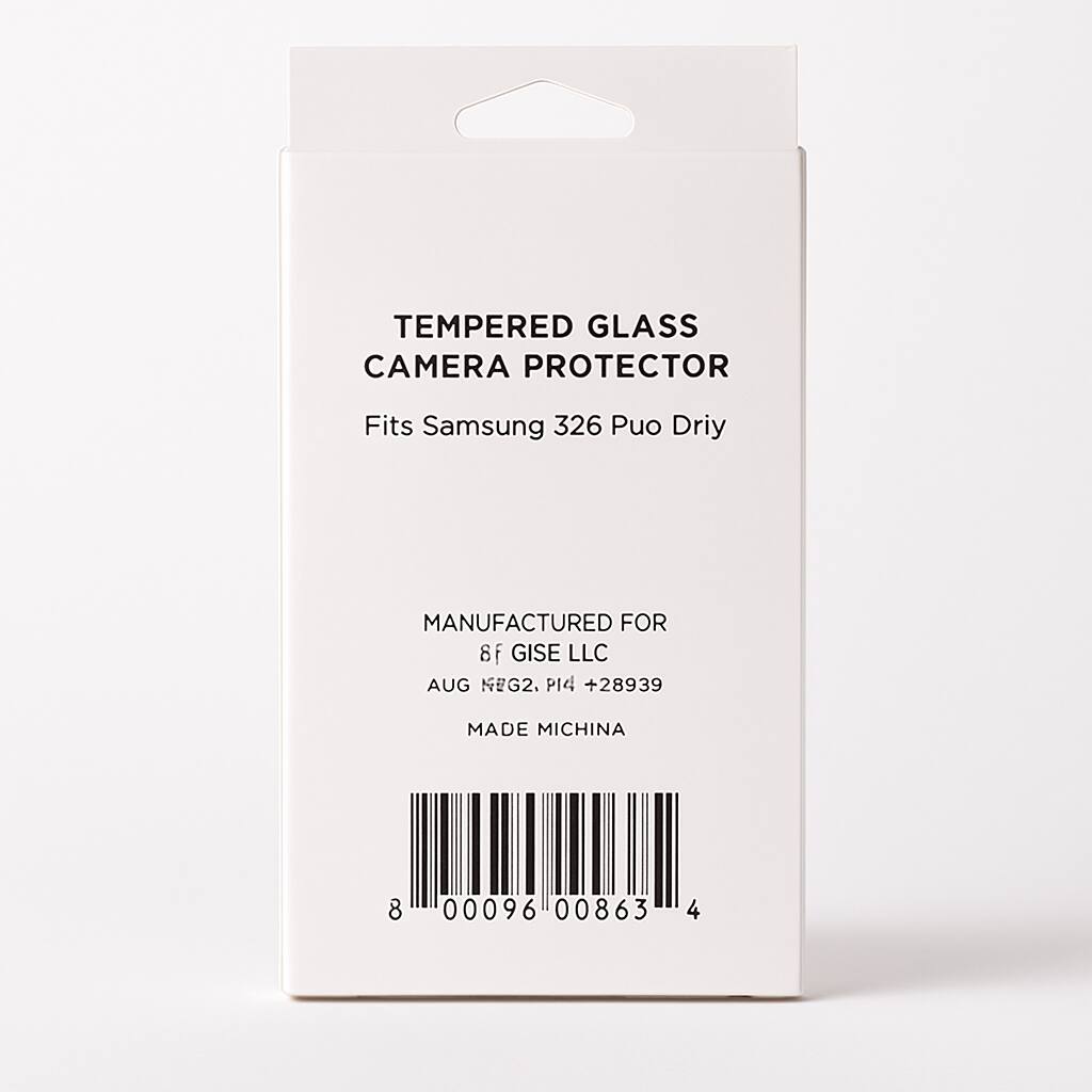 TEMPERED GLASS CAMERA PROTECTOR  
Fits Samsung 326 Puo Driy  

MANUFACTURED FOR  
8f GISE LLC  
AUG NEG2, P14 +28939  
MADE MICHINA  

8 00096 00863 4