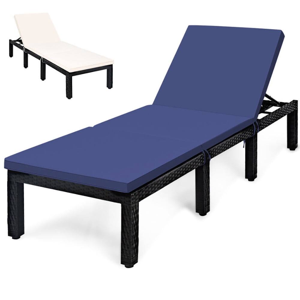 Left. Kadyn - Outdoor Chaise Lounge Chair, Patio Rattan Cushioned Height Adjustable Lounge Chair-Navy & Off White - Blue.