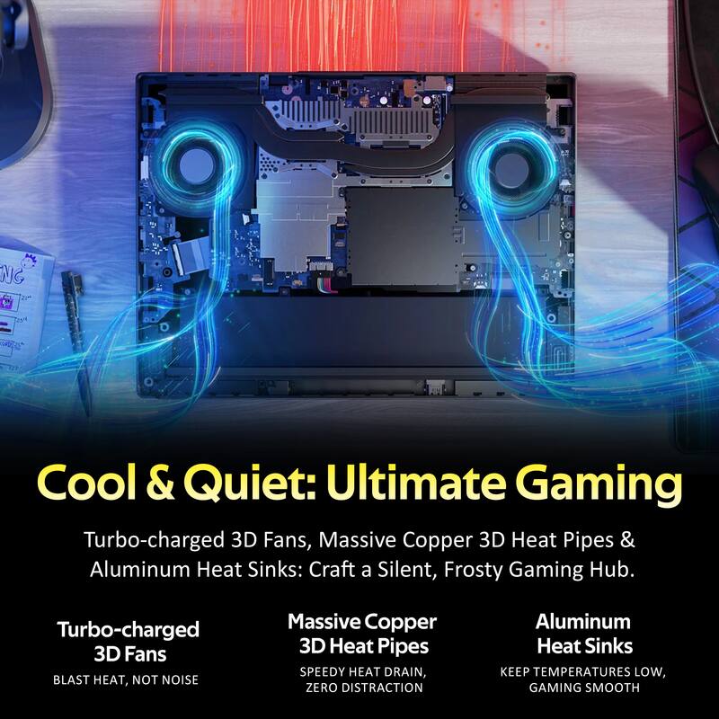 Cool & Quiet: Ultimate Gaming

Turbo-charged 3D Fans, Massive Copper 3D Heat Pipes & Aluminum Heat Sinks: Craft a Silent, Frosty Gaming Hub.

- Turbo-charged 3D Fans
  - BLAST HEAT, NOT NOISE

- Massive Copper 3D Heat Pipes
  - SPEEDY HEAT DRAIN, ZERO DISTRACTION

- Aluminum Heat Sinks
  - KEEP TEMPERATURES LOW, GAMING SMOOTH