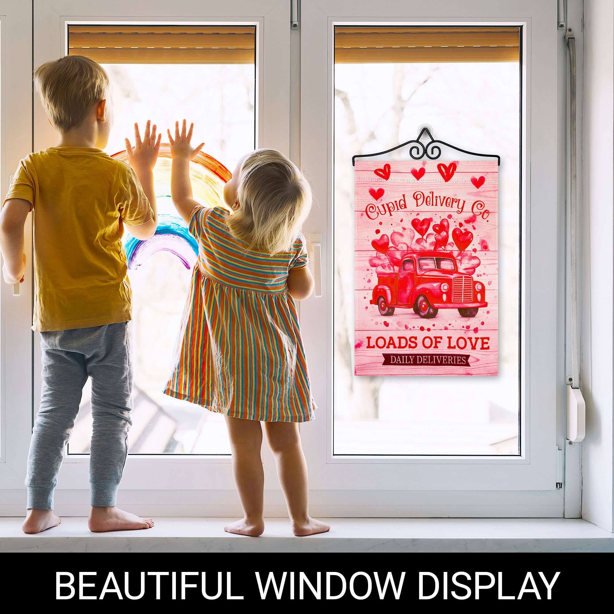 Cupid Delivery Co  
LOADS OF LOVE  
DAILY DELIVERIES  

BEAUTIFUL WINDOW DISPLAY